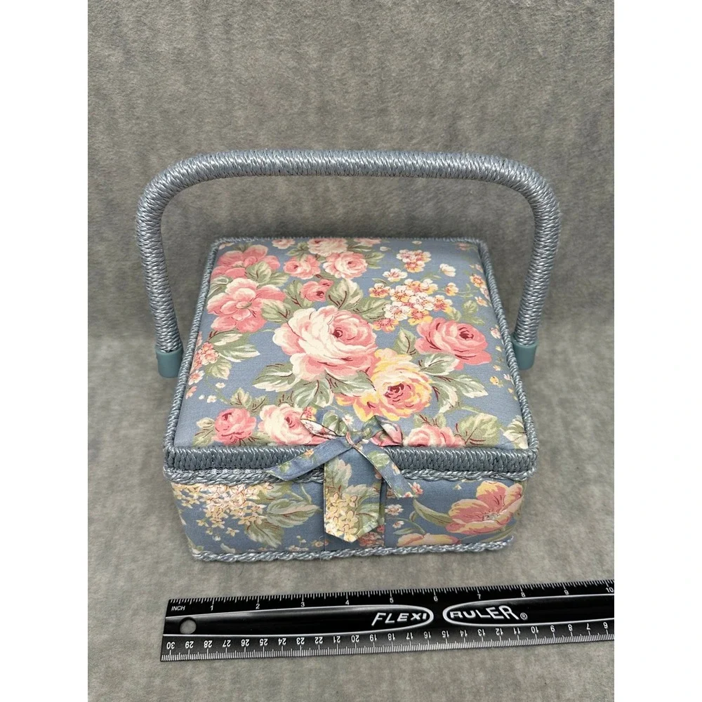 Vintage Floral Sewing‎ Basket Blue Pink Rose Craft Organizer with Tray Handle